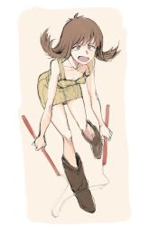 Rule 34 | 1girl, boots, breasts, brown hair, dress, final fantasy, final fantasy viii, flipped hair, green eyes, highres, kotoyama, looking at viewer, nunchaku, open mouth, selphie tilmitt, short hair, simple background, skirt, small breasts, solo, strap slip, weapon, yellow overalls, yellow skirt