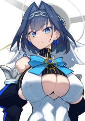 Rule 34 | 1girl, blue eyes, blue hair, bow, bow earrings, breasts, cleavage, closed mouth, clothing cutout, earrings, hair intakes, highres, holocouncil, hololive, hololive english, jewelry, large breasts, looking at viewer, nuezou, ouro kronii, ouro kronii (1st costume), serious, simple background, solo, standing, underboob, underboob cutout, virtual youtuber