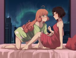 Rule 34 | 2girls, ahoge, animal print, bare arms, bare shoulders, barefoot, black hair, bow, breasts, building, cat print, collarbone, commentary, curly hair, doll joints, dress, freckles, from side, gradient hair, green eyes, green shirt, hair bow, highres, hiwonoafu, indoors, joints, kneeling, long hair, looking at another, medium breasts, multicolored hair, multiple girls, night, on bed, orange hair, parted lips, paw print, penny polendina, pillow, red dress, red hair, ruby rose, rwby, shirt, short hair, sitting, skyscraper, sleeveless, sleeveless dress, two-tone hair, yuri