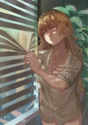 Rule 34 | 1girl, blonde hair, commentary request, highres, indoors, looking outside, open clothes, open shirt, purple eyes, rwby, shirt, solo, tobihira, window, yang xiao long