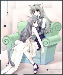 Rule 34 | 2girls, animal ears, ass, cat ears, cat tail, chair, clothed female nude female, couch, elbow gloves, gloves, high heels, hug, lowres, multiple girls, nude, original, sandals, shoes, silver hair, sitting, tail, yuri