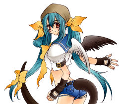Rule 34 | 1girl, arc system works, asymmetrical wings, blue hair, blue sailor collar, cutoffs, denim, denim shorts, dizzy (guilty gear), guilty gear, head scarf, lowres, pirate, red eyes, ribbon, sailor collar, short shorts, shorts, solo, tail, tail ornament, tail ribbon, wings