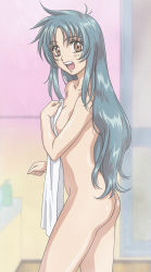 Rule 34 | 00s, 1girl, absurdres, ass, blue hair, brown eyes, chidori kaname, covering privates, full metal panic!, highres, horiuchi osamu, huge filesize, nude, solo, towel