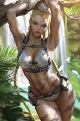 Rule 34 | 1girl, abs, armpits, belt, bikini, blonde hair, blue eyes, braid, branch, breasts, cammy white, cleavage, facial scar, garrison cap, harness, hat, highres, large breasts, leg tattoo, legs together, looking at viewer, medium breasts, official alternate color, official alternate costume, parted lips, scar, scar on cheek, scar on face, solo, stanley lau, stomach tattoo, street fighter, street fighter v, swimsuit, tattoo, toned, twin braids, utility belt, water, waterfall, white bikini