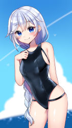 Rule 34 | 1girl, bad id, bad pixiv id, black one-piece swimsuit, blue eyes, blue sky, braid, braided ponytail, closed mouth, cloud, cloudy sky, highres, honkai (series), honkai impact 3rd, kallen kaslana, long hair, looking at viewer, one-piece swimsuit, outdoors, sky, smile, solo, swimsuit, water, white hair, yukki 0125