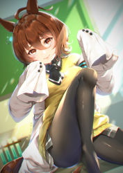 Rule 34 | 1girl, agnes tachyon (umamusume), ahoge, animal ears, black necktie, black pantyhose, black shirt, brown eyes, brown hair, coat, commentary request, desk, earrings, hair between eyes, highres, horse ears, horse girl, horse tail, jewelry, lab coat, mochiko tsuru, necktie, on desk, open clothes, open coat, pantyhose, shirt, short hair, short necktie, single earring, sitting, on desk, sleeves past wrists, smile, solo, sweater, tail, test tube, umamusume, white coat, yellow sweater