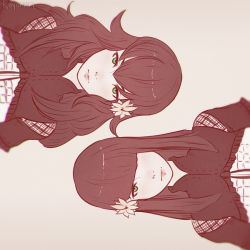 Rule 34 | 2girls, artist name, asymmetrical bangs, blush, brown background, brown theme, capelet, chromatic aberration, closed mouth, devola, expressionless, flipped hair, flower, frills, hair flower, hair ornament, hair over one eye, koyorin, lips, long hair, looking at viewer, monochrome, multiple girls, nier:automata, nier (series), popola, red theme, siblings, simple background, sisters, spot color, straight hair, tsurime, twins, upper body