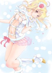 Rule 34 | 10s, 1girl, adapted costume, ayase eli, blonde hair, blue eyes, boots, breasts, center opening, flower, frapowa, fur boots, gloves, hair flower, hair ornament, heart, knee boots, love live!, love live! school idol project, navel, nipple slip, nipples, ponytail, skirt, snow halation, solo, white footwear