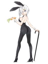 Rule 34 | 1girl, animal ears, ass, black bow, black bowtie, black footwear, black leotard, black pantyhose, blue eyes, bow, bowtie, cane, carrot, ceroliz, detached collar, fake animal ears, from behind, full body, hair ornament, hair over one eye, hairclip, hamakaze (kancolle), high heels, highres, kantai collection, leotard, looking at viewer, pantyhose, playboy bunny, rabbit ears, short hair, silver hair, solo, standing, strapless, strapless leotard, wrist cuffs
