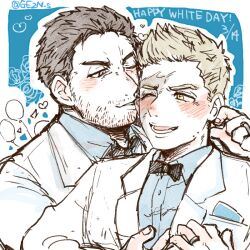 Rule 34 | 2boys, bara, beard, beard stubble, biting, blush, bow, bowtie, chris redfield, collared shirt, ear biting, facial hair, formal, ge2n s, hand under clothes, heart, husband and husband, jewelry, male focus, mature male, multiple boys, mustache stubble, piers nivans, resident evil, ring, shirt, short hair, sideburns stubble, sketch, stubble, suit, thick eyebrows, upper body, white day, white suit, yaoi