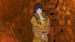 Rule 34 | 1girl, black hair, brown eyes, dress, elfen lied, fine art parody, fur collar, gustav klimt (style), highres, long hair, looking at viewer, non-web source, nozomi (elfen lied), orange background, own hands clasped, own hands together, parody, sanah20, smile, spiral, style parody, tagme, triangle