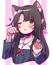 Rule 34 | 1girl, :o, animal ears, arms up, black hair, blue shirt, blush, buttons, cat ears, chestnut mouth, commentary, english commentary, hands up, heart, k1ruse, korean text, long sleeves, looking at viewer, neck ribbon, one eye closed, original, paw pose, purple background, red ribbon, ribbon, sailor collar, shirt, solo, striped, striped background, translation request, two-tone background, upper body, white background, white sailor collar, yellow eyes
