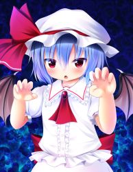 Rule 34 | 1girl, bat wings, blue hair, blush, claw pose, fang, fingernails, hat, hat ribbon, heart, highres, looking at viewer, mob cap, open mouth, red eyes, remilia scarlet, rena (riries), ribbon, short hair, solo, touhou, wings
