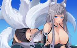 Rule 34 | 1girl, absurdres, animal ear fluff, animal ears, azur lane, bare shoulders, blue eyes, breasts, choker, cleavage, collarbone, detached sleeves, fox ears, fox girl, fox tail, highres, kitsune, large breasts, long hair, multiple tails, official alternate costume, parted lips, race queen, shinano (azur lane), shinano (moonlit chrome) (azur lane), simple background, skirt, soar sora222, solo, tail, thighhighs, thighs, very long hair, white hair