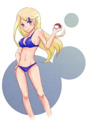 Rule 34 | 10s, 1girl, ace trainer (pokemon), astrid (pokemon), bad id, bad pixiv id, bikini, blonde hair, blue bikini, blush, breasts, cameltoe, creatures (company), game freak, hair ornament, hairclip, hand on own hip, holding, holding poke ball, long hair, looking at viewer, nintendo, npc trainer, poke ball, pokemon, pokemon xy, purple eyes, smile, solo, swimsuit
