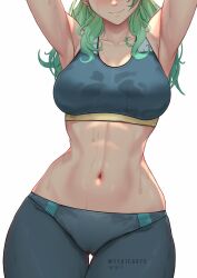 Rule 34 | 1girl, absurdres, alternate costume, armpits, arms up, artist name, blue pants, blue sports bra, blush, breasts, cameltoe, ceres fauna, collarbone, commentary, cowboy shot, curvy, earrings, english commentary, gluteal fold, green hair, highres, hololive, hololive english, jewelry, large breasts, long hair, myth1carts, navel, pants, patreon logo, pixiv logo, simple background, smile, solo, sports bra, stomach, stud earrings, sweat, thigh gap, thighs, twitter logo, virtual youtuber, white background, wide hips, yoga pants