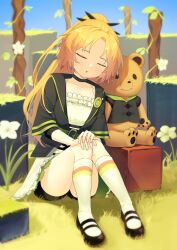 Rule 34 | 1girl, absurdres, arknights, belt, black footwear, black jacket, blush, closed eyes, commentary request, dress, feather hair, flower, grass, green belt, highres, infection monitor (arknights), jacket, killizard, kneehighs, long hair, official alternate costume, on ground, open mouth, outdoors, parted bangs, pinecone (arknights), pinecone (seasons of travel) (arknights), ponytail, sitting, sleeping, socks, solo, stuffed animal, stuffed toy, sundress, teddy bear, white dress, white flower