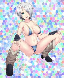 Rule 34 | 1girl, angel (kof), bikini, blue bikini, blue eyes, boots, breasts, cowboy boots, fingerless gloves, gloves, hair over one eye, hounin, large breasts, navel, short hair, sideboob, silver hair, snk, solo, spread legs, squatting, strap gap, swimsuit, the king of fighters
