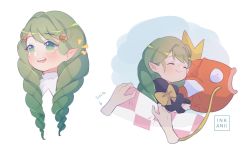 Rule 34 | 1boy, 1girl, artist name, bow, closed mouth, creatures (company), crossover, closed eyes, fire emblem, fire emblem: three houses, flayn (fire emblem), game freak, gen 1 pokemon, green eyes, green hair, hair ornament, highres, inkanii, long hair, long sleeves, magikarp, nintendo, open mouth, pointy ears, pokemon, pokemon (creature), seteth (fire emblem), smile, yellow bow