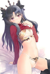 Rule 34 | 1girl, absurdres, arm support, black hair, blush, bra, breasts, cleavage, closed mouth, clothes lift, covered erect nipples, cowboy shot, crown, earrings, fate/grand order, fate (series), gem, hair ribbon, hair tie, head tilt, highres, hoop earrings, ishtar (fate), jewelry, long hair, looking at viewer, medium breasts, midriff, navel, nipples, panties, red eyes, ribbon, see-through, see-through silhouette, shiny skin, shirt lift, skirt, skirt around one leg, small breasts, solo, tony taka, turtleneck, two side up, underwear, undressing