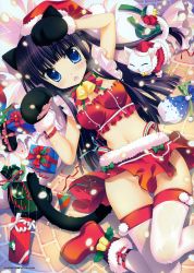 Rule 34 | 1girl, absurdres, animal ears, animal hands, bell, black hair, blue eyes, blush, boots, bustier, cat, cat ears, cat paws, cat tail, christmas, convenient skirt, frills, fujima takuya, gift, hat, highres, huge filesize, lingerie, long hair, midriff, no panties, santa costume, santa hat, scan, solo, tail, tears, thighhighs, underwear