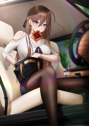 Rule 34 | bag, bag on lap, bare shoulders, black pantyhose, blouse, blue eyes, blush, bread slice, breasts, brown hair, bubble tea, car, car interior, cleavage, ear piercing, expulse, eyeshadow, food, food in mouth, highres, holding, holding bag, jewelry, long hair, makeup, miniskirt, motor vehicle, mouth hold, nana (kurisustinah), nanatsuki nana, necklace, office lady, original, pantyhose, piercing, purple skirt, ribbon, shirt, sitting, skirt, solo, steering wheel, thighs, toast, toast in mouth, white shirt, wristband