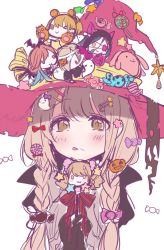 Rule 34 | &gt; o, :&gt;, :p, animal ears, bad id, bad pixiv id, bat (animal), bow, braid, brown eyes, brown hair, candy, candy hair ornament, cat ears, character request, chibi, eyepatch, fang, fang out, food, food-themed hair ornament, ghost hair ornament, hair ornament, hair over one eye, halloween costume, hat, headband, highres, idolmaster, idolmaster cinderella girls, jack-o&#039;-lantern, lollipop, misumi (macaroni), multiple girls, one eye closed, pumpkin hair ornament, red bow, short hair, star (symbol), star hair ornament, stuffed animal, stuffed rabbit, stuffed toy, tongue, tongue out, twin braids, twintails, unfinished, witch hat, yellow eyes