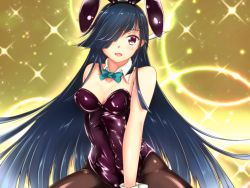 Rule 34 | adapted costume, animal ears, aqua bow, aqua bowtie, black hair, bow, bowtie, breasts, brown pantyhose, detached collar, fake animal ears, fishnet pantyhose, fishnets, hair over one eye, hair ribbon, hayashimo (kancolle), kantai collection, kumichou (nakasato-gumi), leotard, long hair, looking at viewer, medium breasts, pantyhose, playboy bunny, purple leotard, rabbit ears, rabbit tail, red eyes, ribbon, solo, sparkle background, strapless, strapless leotard, tail, very long hair, wrist cuffs, yellow background