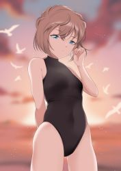 Rule 34 | 1girl, absurdres, adjusting hair, arm behind back, bird, black one-piece swimsuit, blue eyes, blurry, blurry background, bob cut, breasts, brown hair, commentary request, covered navel, cowboy shot, gluteal fold, haibara ai, tucking hair, hand up, highres, hip bones, light particles, looking at viewer, meitantei conan, one-piece swimsuit, oxygen mask (oxygenmask233), seagull, short hair, small breasts, solo, standing, swimsuit, twilight