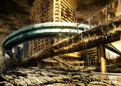 Rule 34 | building, city, dark sky, no humans, post-apocalypse, ruins, scenery, tokyo (city), tokyogenso, tree