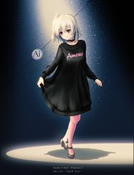 Rule 34 | 1girl, ai (re:lief), black background, black dress, black footwear, blush, character name, closed mouth, clothes writing, company name, copyright name, dress, english text, full body, head tilt, long sleeves, mary janes, mocha (cotton), purple eyes, re:lief ~shin&#039;ai naru anata e~, shoes, side ponytail, silver hair, simple background, skirt hold, smile, solo, technoheart