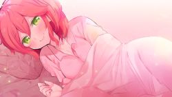 Rule 34 | 1girl, alternate costume, blanket, blush, breasts, cleavage, closed mouth, collarbone, green eyes, highres, hololive, looking at viewer, lying, medium hair, no hair ornament, no hairclip, noyama (noyama8888), on side, pillow, pink background, pink hair, pink theme, sakura miko, simple background, sleepwear, small breasts, solo, sparkle, virtual youtuber