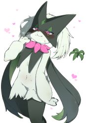 Rule 34 | 1girl, :3, animal hands, animal nose, arm at side, black fur, blush, body fur, breath, closed mouth, creatures (company), female focus, flat chest, floating, floating object, furry, furry female, game freak, green fur, green hair, half-closed eyes, hand up, happy, heart, highres, looking at viewer, medium hair, meowscarada, navel, nintendo, nose blush, pink eyes, pokemon, pokemon (creature), sakana tsuri, simple background, smile, solo, standing, stomach, sweat, thighs, two-tone fur, white background