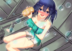 Rule 34 | 10s, 1girl, bathing, blue eyes, blue hair, blush, breasts, kantai collection, large breasts, looking at viewer, naked towel, open mouth, personification, ribbon, shampoo, shigatsu (soratobuusagi), short hair, sitting, smile, soap, soap bubbles, souryuu (kancolle), sponge, towel, twintails