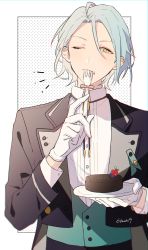 Rule 34 | 1boy, absurdres, aqua vest, artist name, black jacket, blue hair, bolo tie, bow, cake, chocolate cake, commentary, cowlick, cropped jacket, curtained hair, dress shirt, earclip, ensemble stars!, food, food on face, fork, fruit, gloves, hair strand, highres, himeru (ensemble stars!), holding, holding fork, holding plate, jacket, light blue hair, looking at viewer, male focus, notice lines, one eye closed, outside border, pink bow, plate, polka dot, polka dot background, raspberry, shiba twst 69, shirt, short hair, solo, straight-on, suit jacket, symbol-only commentary, upper body, utensil in mouth, white gloves, white shirt, yellow eyes