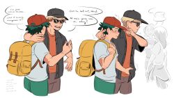 Rule 34 | 2boys, 2girls, backpack, bag, bakugou katsuki, baseball cap, black shirt, blonde hair, blush, boku no hero academia, brown pants, closed mouth, commentary, daniartonline, english text, freckles, green eyes, green hair, grey shirt, hand on another&#039;s neck, hat, highres, looking at another, male focus, midoriya izuku, multiple boys, multiple girls, open clothes, open mouth, open shirt, orange shirt, pants, red headwear, scar, scar on arm, scar on hand, shirt, short hair, short sleeves, simple background, speech bubble, spiked hair, standing, sunglasses, t-shirt, white background, yaoi, yellow bag