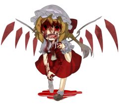 Rule 34 | 1girl, ascot, bad id, bad pixiv id, blonde hair, blood, blood in mouth, blood on face, blurry, depth of field, dress, eiri (eirri), fangs, female focus, flandre scarlet, full body, hat, open mouth, red dress, red eyes, shirt, side ponytail, solo, embodiment of scarlet devil, tongue, tongue out, touhou, walking, white background, wings, wrist cuffs