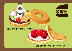 Rule 34 | :3, cream, doughnut, food, food focus, fruit, green background, lilac (p-f easy), no humans, original, pancake, rabbit, simple background, strawberry