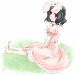 Rule 34 | 1girl, barefoot, female focus, full body, grass, inaba tewi, outdoors, plant, shima hinako, sitting, solo, touhou, white background