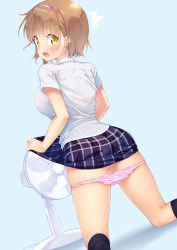 Rule 34 | 1girl, black socks, blue background, blush, breasts, clothes lift, electric fan, embarrassed, fanning crotch, hairband, highres, kazuma (kazumav), kneehighs, kneeling, large breasts, lifted by self, light brown hair, looking at viewer, looking back, open mouth, original, panties, panty pull, pink panties, pleated skirt, shirt, short hair, simple background, skirt, skirt lift, socks, solo, sweat, underwear, white shirt, yellow eyes