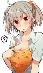 Rule 34 | 1girl, :o, ahoge, bad id, bad pixiv id, blush, breasts, cleavage, clothes pull, collared shirt, genderswap, genderswap (mtf), grey hair, hair between eyes, highres, ikeuchi tanuma, large breasts, looking at viewer, nagisa kaworu, neon genesis evangelion, open clothes, open shirt, orange shirt, parted lips, pink eyes, pulling own clothes, shirt, shirt pull, short hair, short sleeves, solo, twintails, upper body, white background, white shirt