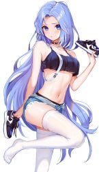 Rule 34 | 1girl, :t, armpit crease, bare arms, bare shoulders, black choker, black footwear, black panties, black shirt, blue eyes, blue hair, blue shorts, blush, borrowed character, breasts, camisole, choker, closed mouth, collarbone, crop top, crop top overhang, cutoffs, denim, denim shorts, forehead, gradient hair, hand up, highres, holding, leg up, long hair, looking at viewer, medium breasts, micro shorts, midriff, bae minah (chaesu), multicolored hair, navel, nike (company), no shoes, o-ring, o-ring choker, open fly, original, panties, pout, purple hair, satchely, shirt, shoes, short shorts, shorts, simple background, sleeveless, sleeveless shirt, sneakers, solo, spaghetti strap, standing, standing on one leg, stomach, thighhighs, thighs, unbuttoned, underboob, underwear, unworn shoes, very long hair, white background, white thighhighs
