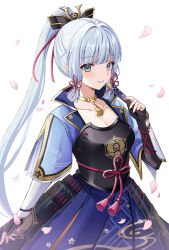 Rule 34 | 1girl, arm guards, armor, armored dress, ayaka (genshin impact), blue dress, blue eyes, blue hair, blue shirt, blunt bangs, blush, breastplate, breasts, bridal gauntlets, cleavage, detached sleeves, dress, folding fan, genshin impact, grin, hair ornament, hand fan, harimoji, highres, japanese armor, jewelry, large breasts, light blue hair, long hair, looking at viewer, neck ring, open clothes, open shirt, petals, ponytail, rope, shirt, short sleeves, sidelocks, smile, solo, tassel