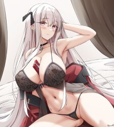 Rule 34 | 1girl, arm up, armpits, babydoll, bare arms, bare shoulders, between breasts, black choker, box, breasts, cameltoe, choker, cleavage, covered erect nipples, front-tie top, gift, gift box, girls&#039; frontline, grey babydoll, grey panties, griffin &amp; kryuger military uniform, hair ribbon, hand in own hair, highres, jacket, kar98k (girls&#039; frontline), keenh, large breasts, long hair, looking at viewer, navel, object on breast, off shoulder, panties, pink eyes, red jacket, ribbon, solo, spaghetti strap, stomach, string panties, thighs, underwear, very long hair, white hair