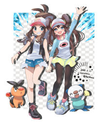 Rule 34 | 2girls, antenna hair, arm up, baseball cap, blue eyes, blush, boots, brown hair, brown legwear, cocoloco, commentary, creatures (company), dated, eyelashes, game freak, gen 5 pokemon, grin, hand grab, hat, hilda (pokemon), holding hands, looking at viewer, multiple girls, nintendo, open clothes, open mouth, open vest, oshawott, pantyhose, pokemon, pokemon (creature), pokemon bw, pokemon bw2, raglan sleeves, rosa (pokemon), shirt, shoes, shorts, sidelocks, smile, sneakers, socks, star (symbol), tepig, tongue, twitter username, vest, white shirt, wristband, yellow shorts