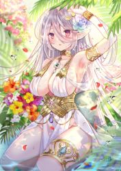 Rule 34 | 1girl, arm up, armlet, between breasts, breasts, choker, cleavage, corset, covered erect nipples, dress, elf, flower, highres, in water, jewelry, large breasts, necklace, nozomi fuuten, original, outdoors, pointy ears, red eyes, sitting, solo, thigh strap, thighlet, water, wet, white dress, white hair, wristlet