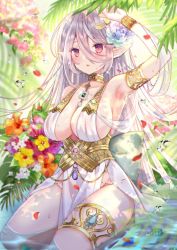 1girl arm_up armlet between_breasts breasts choker cleavage corset covered_erect_nipples dress elf flower highres in_water jewelry large_breasts necklace nozomi_fuuten original outdoors pointy_ears red_eyes sitting solo thigh_strap thighlet water wet white_dress white_hair bracelet