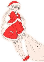 Rule 34 | 1girl, christmas, glasses, gusu, hat, monochrome, original, red theme, sack, santa costume, santa hat, solo, spot color, thighhighs, twintails