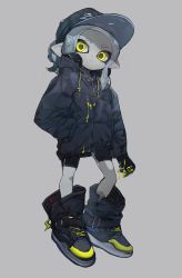 Rule 34 | 1girl, absurdres, bad id, bad twitter id, baseball cap, bike shorts, boots, closed mouth, cross-laced footwear, drawstring, gloves, grey background, greyscale, hand in pocket, hat, headphones, highres, jacket, light frown, long sleeves, looking at viewer, makeup, medium hair, monochrome, nintendo, octoling, octoling girl, octoling player character, paint splatter, ponytail, simple background, solo, splatoon (series), spot color, standing, suction cups, tentacle hair, ume (plumblossom), yellow eyes, zipper