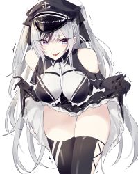Rule 34 | 1girl, :p, anchor print, azur lane, bare shoulders, black dress, black gloves, black hair, black hat, black thighhighs, blush, clothes lift, cowboy shot, detached sleeves, dress, dress lift, elbe (azur lane), embarrassed, frilled dress, frills, gloves, hat, highres, leaning forward, lifting own clothes, long hair, long sleeves, multicolored hair, silver hair, skindentation, skirt hold, solo, stardust-kun, streaked hair, teasing, thigh gap, thighhighs, thighs, tongue, tongue out, trembling, two-tone dress, two-tone hair, two side up, very long hair, white background